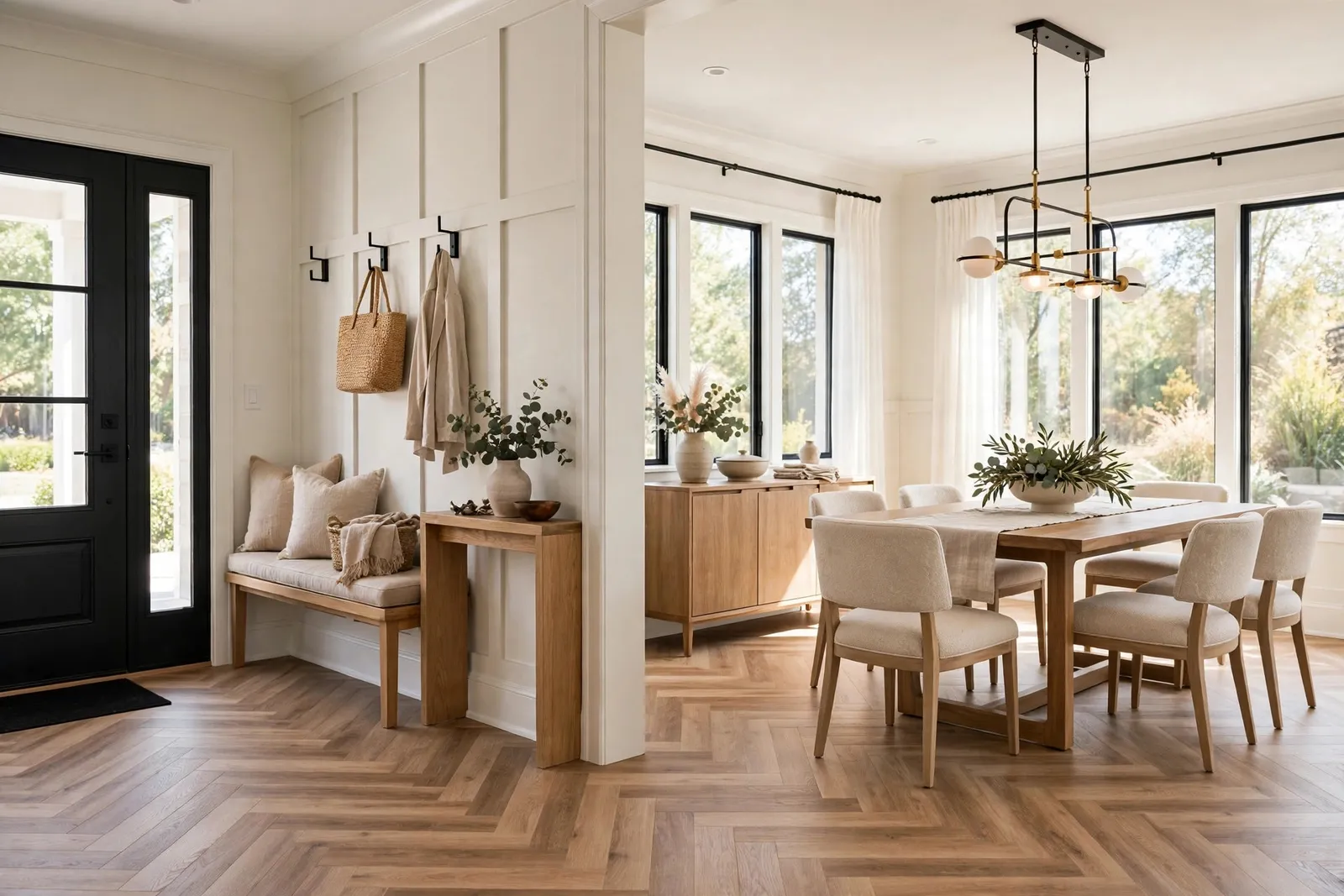 Herringbone and Pattern Vinyl Flooring — Herringbone Entry and Dining Room in Sheffield by Waldorf Luxury Vinyl Plank Company